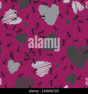 Ants Love Seamless Vector Pattern on Pink Representing Teamwork Stock Vector