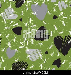 White Ants and Hearts Seamless Pattern on Green Background. Love Teamwork Vector Design Stock Vector