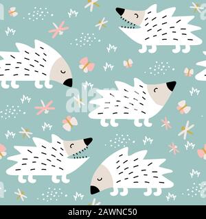 Seamless pattern with cute hedgehogs. Creative scandinavian children texture Stock Vector