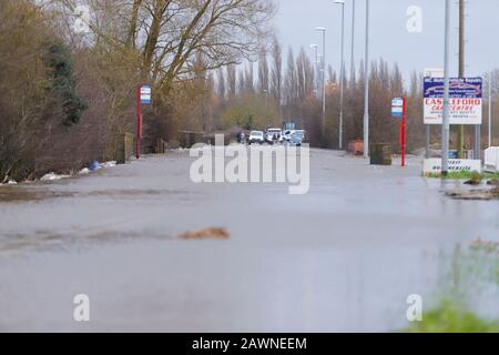 Barnsdale Road in Castleford, became flooded after Storm Ciara brought heavy rain to the UK ,causing flash flooding in many parts of the country. Stock Photo