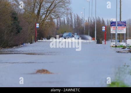 Barnsdale Road in Castleford, became flooded after Storm Ciara brought heavy rain to the UK ,causing flash flooding in many parts of the country. Stock Photo