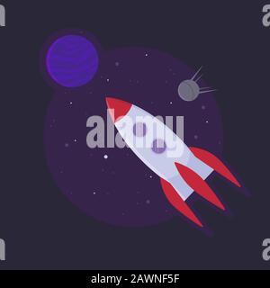 Space rocket ship into open space. Startup sucess concept. Stock vector illustration in flat style. Stock Vector