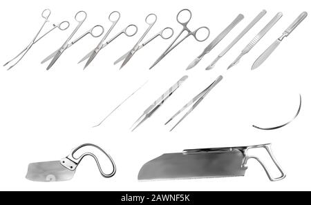 Set of surgical instruments. Tweezers, scalpels, Liston s amputation knife, clamp, scissors, Folkman hook, Meyer forceps, needle, Langenbek saw Stock Vector