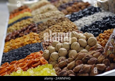 Dried fruits for sale at the famous Green Bazaar in Almaty, Kazakhstan Stock Photo