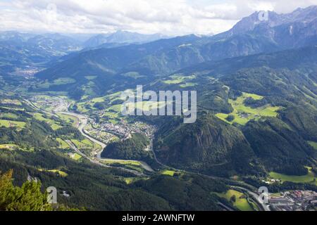 view of valley in Austrian alps with Hohenwerfen castle Stock Photo