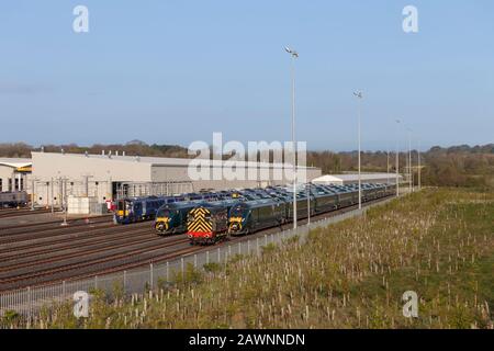 Newly assembled class 800 IEP trains for First Great Western Railway, and class 385's for Scotrail at the Hitachi assembly plant Newton Aycliffe Stock Photo