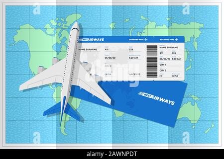 Realistic airline ticket boarding pass with airplane on folded world map. Air travel by aircraft plane blue color document vector illustration Stock Vector