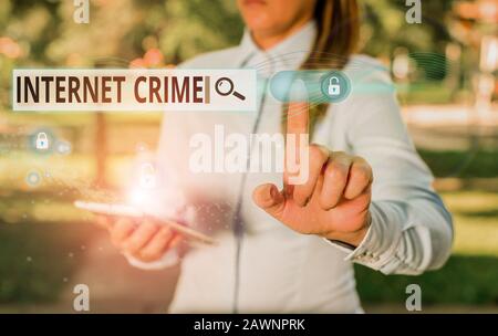 Writing note showing Internet Crime. Business concept for crime or illegal online activity committed on the Internet Stock Photo