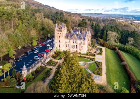 Belfast castle. Tourist attraction on the slopes of Cavehill Country Park in Belfast, Northern Ireland. Aerial view Stock Photo