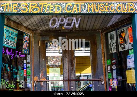 The Spotted Cat Music Club on Frenchmen Street, jazz music venue bar, Marigny, New Orleans, Louisiana Stock Photo