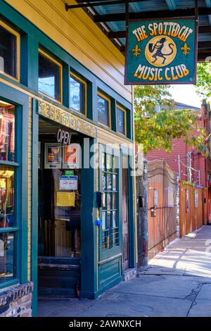 The Spotted Cat Music Club on Frenchmen Street, jazz live music venue bar, Marigny, New Orleans, Louisiana Stock Photo