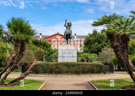 Andrew Jackson statue by sculptor Clark Mills, Jackson Square, city park in downtown New Orleans French Quarter, USA Stock Photo