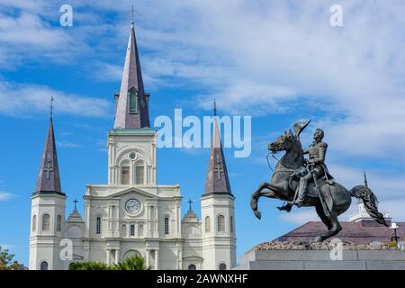 Andrew Jackson statue by sculptor Clark Mills, Jackson Square with St Louis Cathedral church in the background, New Orleans French Quarter, USA Stock Photo