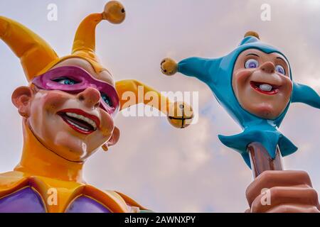 Close-up of Mardi Gras jester statue, Riverwalk, River Walk, New Orleans, NOLA, Louisiana, USA Stock Photo