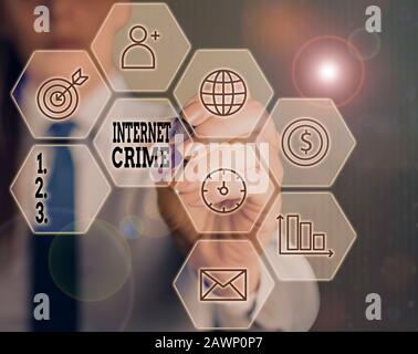 Writing note showing Internet Crime. Business concept for crime or illegal online activity committed on the Internet Stock Photo