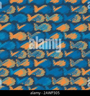 blue and orange scribbled fish silhouettes seamless vector pattern Stock Vector