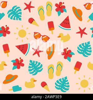 Seamless pattern seasons summer ice cream, flip flops, watermelon and more Stock Photo