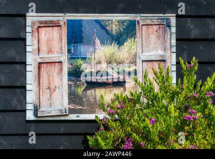 Painted window on a garden shed in Marken, Netherlands Stock Photo