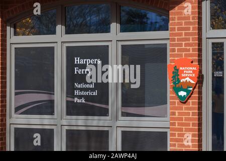 Harpers Ferry, WV / USA - November 3, 2018: A National Park Service sign on a visitors building. Stock Photo