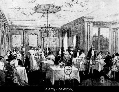 Twentieth century palace; the Piccadilly Hotel; with some notes on the history, landmarks & worthies of Piccadilly & Regent street . binedwith simplicity. The colouring has been carried outin varied shades of cream and biscuit, while the old-redcarpet has been specially woven from an original of theperiod of which it is reminiscent. The same remarkapplies to the green and red Genoa velvet used for thecovering of the furniture. Great care has evidently been bestowed on thesmaller Adam Dining Room and Reception Room closeby. Here the artists acknowledge as a fruitful sourceof inspiration the cla Stock Photo