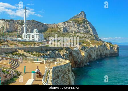 Gibraltar, United Kingdom - April 24, 2016: Europa Point with Ibrahim-al-Ibrahim Mosque and the profile of Gibraltar Rock. Europa Point is the Stock Photo