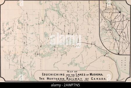 Excursion season, 1878, Northern Railway of Canada and great rail and lake connections . &lt; I Northern Railway 0!F» O .A. -NT -A- XD -A- Lakes of Muskoka The Northei n Railway of Canada Stock Photo
