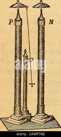 Wells's principles and applications of chemistry; . duce what has been called a perpetual mo-tion. Two piles, P N, are placed in such a positionthat the positive extremity of one pile is opposite andnear to the negative extremity of the other. Be-tween them a Hght pendulum is placed, vibrating onan axis and insulated on a glass pillar. This pen-dulum is alternately attracted to one and then to theother, and thus rings two httle bells connected withthe positive and negative poles.In a similar manner, voltaic piles have been constructed entirely of vege-table substances, without resorting to the Stock Photo