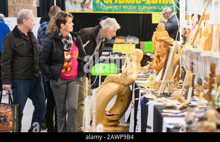 Toronto, Canada. 9th Feb, 2020. People visit the 2020 Toronto Woodworking Show in Toronto, Canada, on Feb. 9, 2020. As one of the newest consumer woodworking shows in Canada, this annual event celebrated everything to do with wood for hobbyist and professionals from Friday to Sunday. Credit: Zou Zheng/Xinhua/Alamy Live News Stock Photo