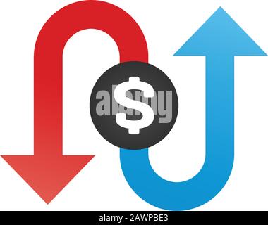 Money icon with arrows, capital decrease and increase, dollar rate increase, investment concept. Stock Vector illustration isolated on white Stock Vector