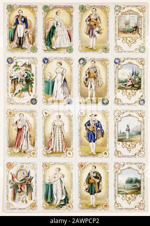 1853 ca , FRANCE  : The Emperor NAPOLEONE I BONAPARTE ( 1769 - 1821 ) and NAPOLEON III .  French sheet of playing cards depicting Napolean , his famil Stock Photo