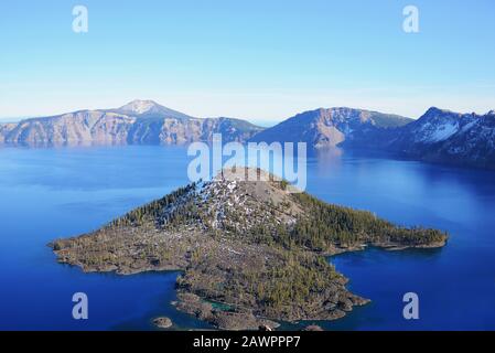 Crater Lake National Park, Wizard Island, Snow, Park in Winter Stock Photo