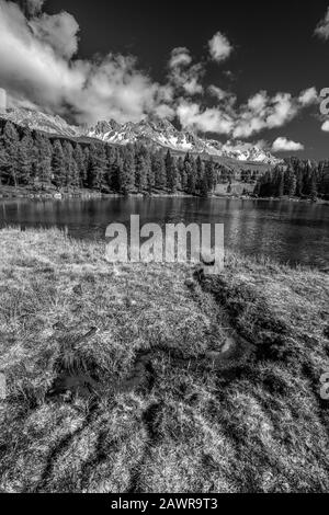 Vertical greyscale shot of a lake surrounded by fir trees and high rocky mountains under cloudy sky Stock Photo