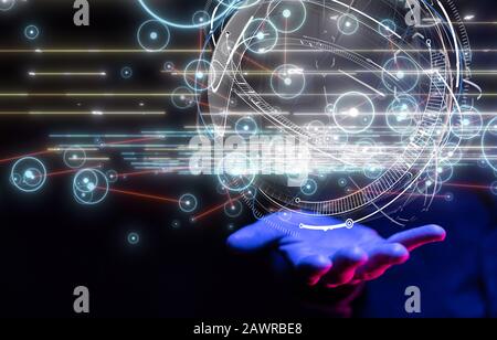 Businessman working with a virtual projection of computing cloud Stock Photo