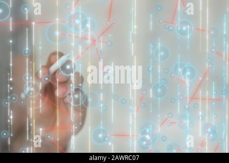 Person working with a virtual projection of futuristic digital data binary code Stock Photo