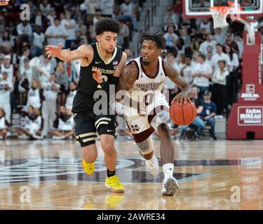 February 08, 2020: Mississippi State guard, Nick Weatherspoon (0), drives against Vanderbilt guard, Scotty Pippen Jr. (2), during the NCAA basketball game between the Vanderbilt Commodores and the Mississippi State Bulldogs at Humphrey Coliseum in Starkville, MS. Kevin Langley/Sports South Media/CSM Stock Photo