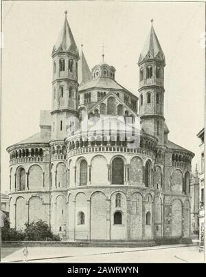 Cologne . Intérieur du cluuur de Saint-Martin-le-Grand. un peu -e et appartienl .1 un art plus mûr, plus parfait. Cest un des spécimens les plus achevés de lart roman colonais. Labside tréflée, dont la silhouette se détache admirablement au bout de la perspective du hé neuf (Neumarkt , est dune ? dune eurythmie incompa- s. Derrière le renflement des trois conques absidales flanquées à leurs tions de deux sveltes tourelles à pans coupés bombe la puissante -?oïl,île qui sélève sur la croisée : une haute tour carrée com- dentale. Le charme de labside provient non seulement LART ROMAN A COLOGNE 37 Stock Photo