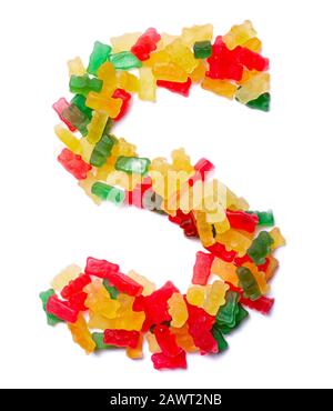 Letter S of the English alphabet  from multi-colored chewing marmalade on a white isolated background. Food pattern made ffrom children's sweets bears Stock Photo