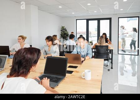 Open space office of IT company with many software developers working on one big project Stock Photo