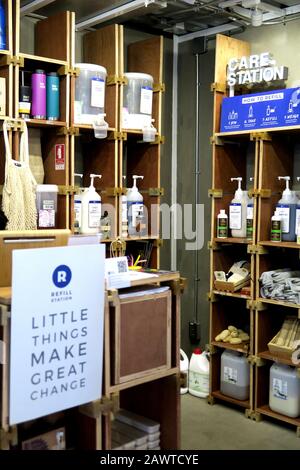 Shop selling refill of cosmetics, cleaning fluids, etc into your own recycled container, thereby helping recycling of plastic - no new container. Stock Photo