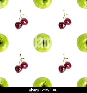 Seamless pattern fresh green apples, red cherry berries isolated, white background, apple and sweet cherries berry repeating ornament, fruit wallpaper Stock Photo
