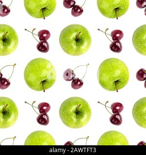Seamless pattern fresh green apples, red cherry berries isolated, white background, apple and sweet cherries berry repeating ornament, fruit wallpaper Stock Photo