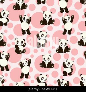 Kawaii panda bears. Cute pandas in various poses. Hand drawn colored vector  seamless pattern. Pink background Stock Vector