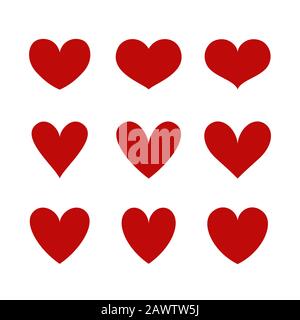 Heart icons isolated on a white background. Vector shapes for love, wedding, Valentine's day or other romantic design. Set of 9 various silhouettes. Stock Vector