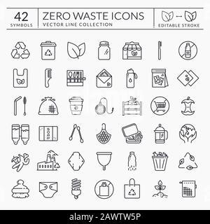Zero waste line icons. Outline symbols isolated on white background. Recycling, reusable items, plastic free, save the Planet and eco lifestyle themes Stock Vector