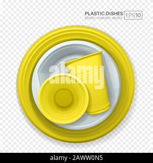 Set of realistic plastic dishes on a transparent b Stock Vector