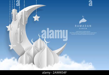Ramadan Kareem greeting design. crescent moon with Arabic calligraphy Translation of text 'Ramadan Kareem ' And hanging Ramadan lanterns.  Islamic cel Stock Vector
