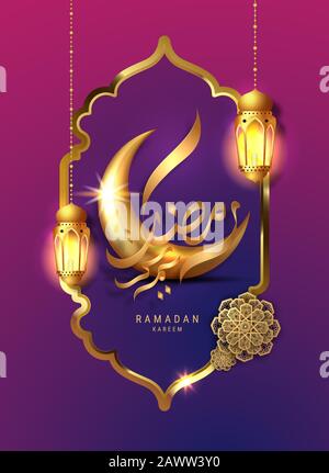 Ramadan Kareem greeting design. crescent moon with Arabic calligraphy Translation of text 'Ramadan Kareem ' And hanging Ramadan lanterns.  Islamic cel Stock Vector