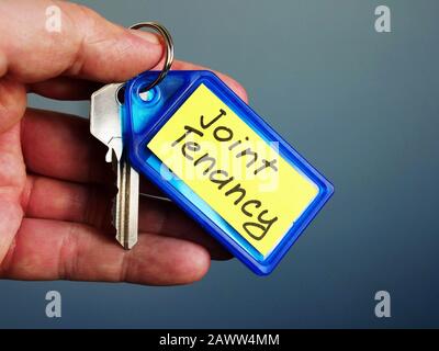 Hand holds key with Joint Tenancy inscription. Stock Photo