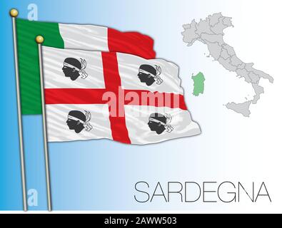 Sardinia or Sardegna official regional flag and map, Italy, vector illustration Stock Vector