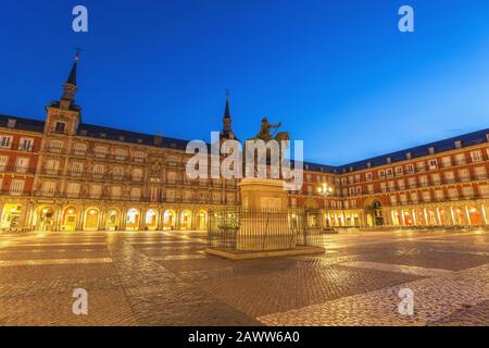 Madrid Spain, night city skyline at Plaza Mayor Stock Photo